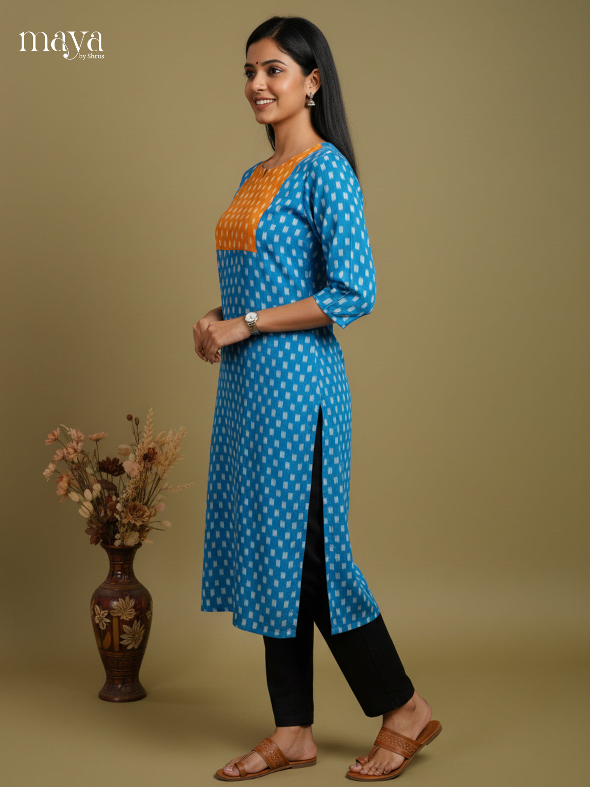 Blue & Orange Ikkat Readymade Kurti with neck yoke- MEC11027