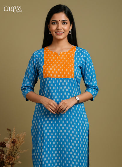 Blue & Orange Ikkat Readymade Kurti with neck yoke- MEC11027