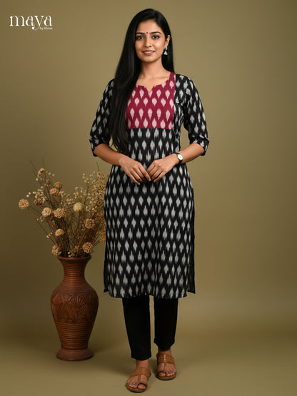 Black & Maroon Ikkat Readymade Kurti with neck yoke - MEC11028