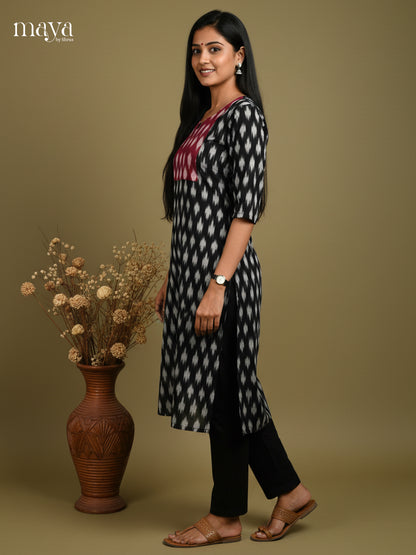 Black & Maroon Ikkat Readymade Kurti with neck yoke - MEC11028