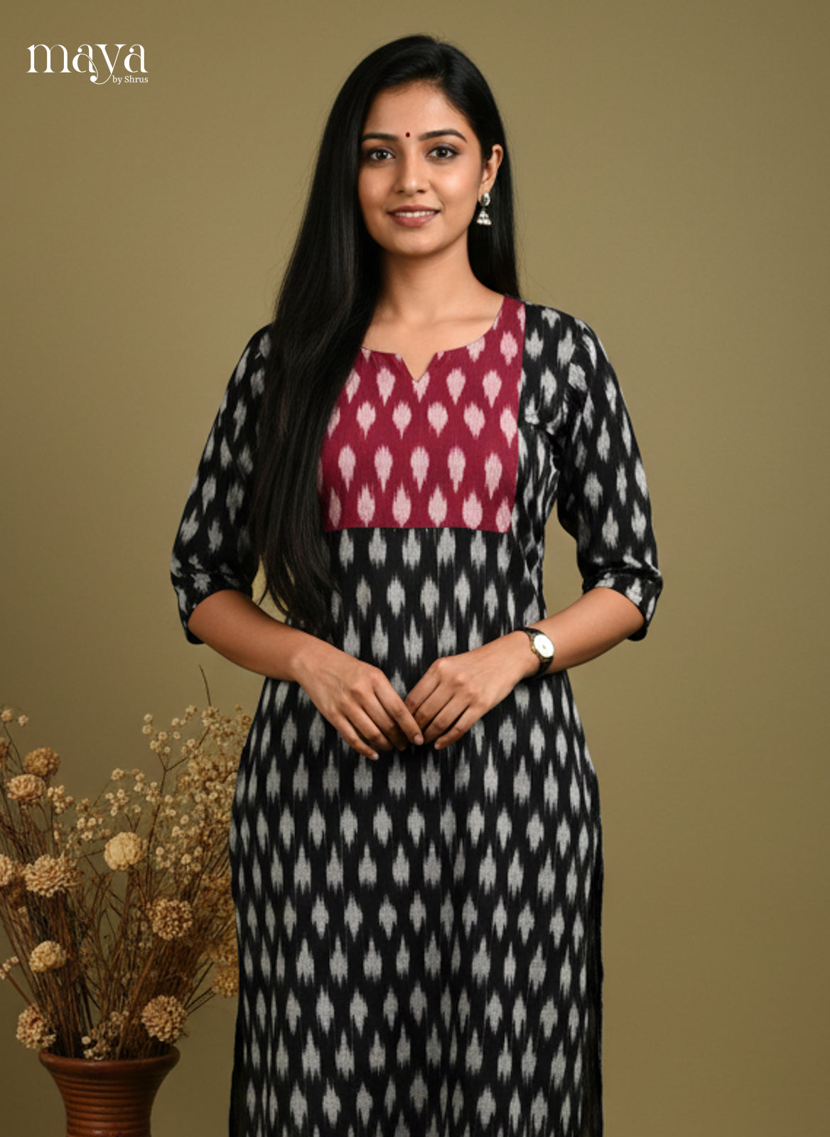 Black & Maroon Ikkat Readymade Kurti with neck yoke - MEC11028
