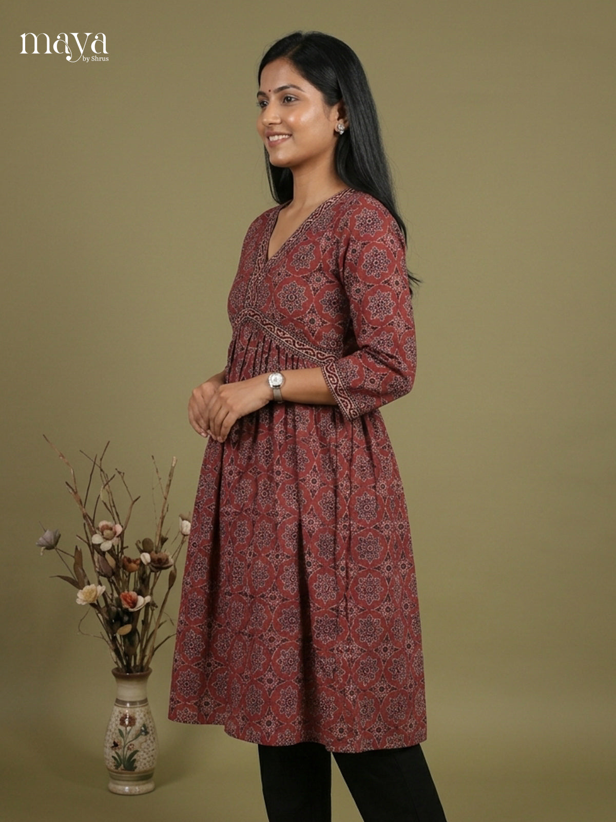 Aliya Cut Ajrakh Readymade Kurti - MEE07036