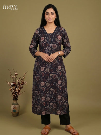 Black Cotton Printed Readymade Kurti - MEF19003