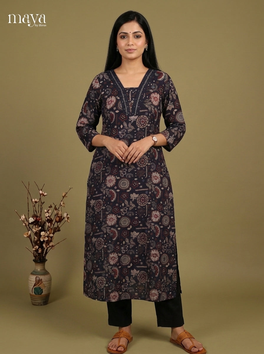 Black Cotton Printed Readymade Kurti - MEF19003