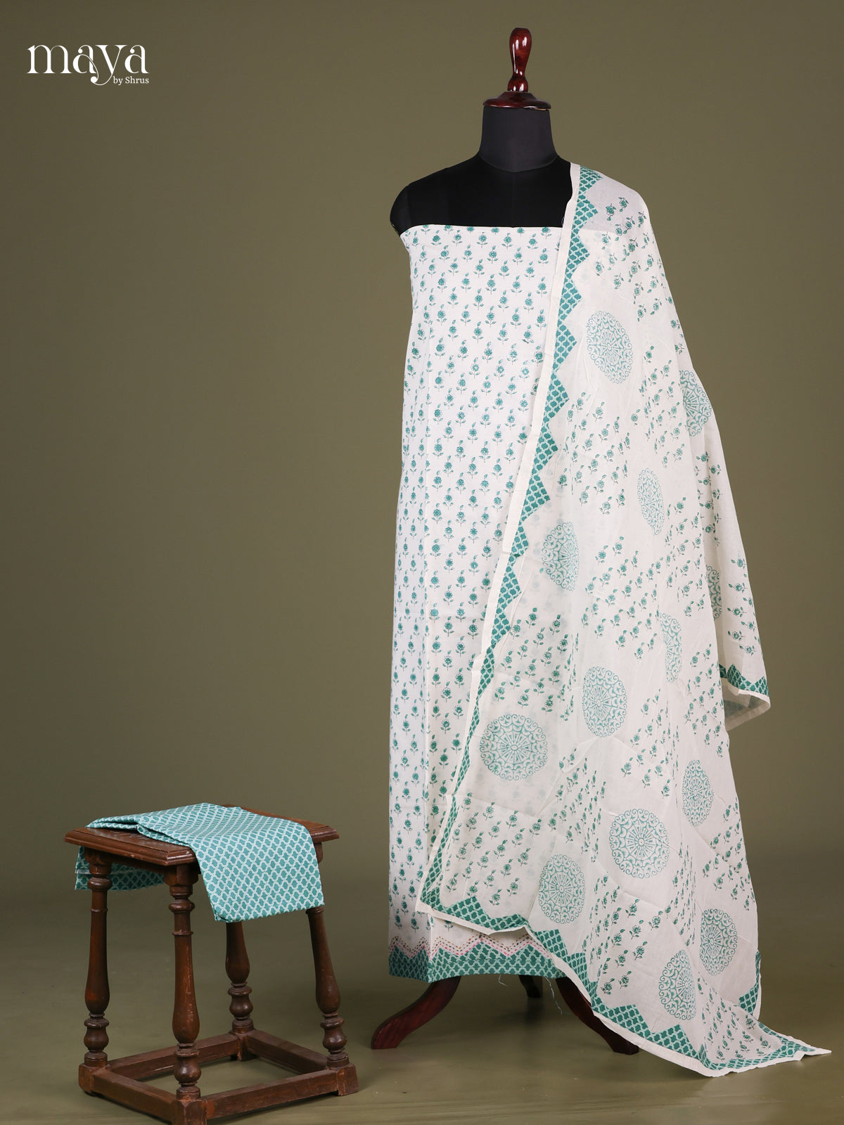 White & Teal - Cotton salwar Unstitched