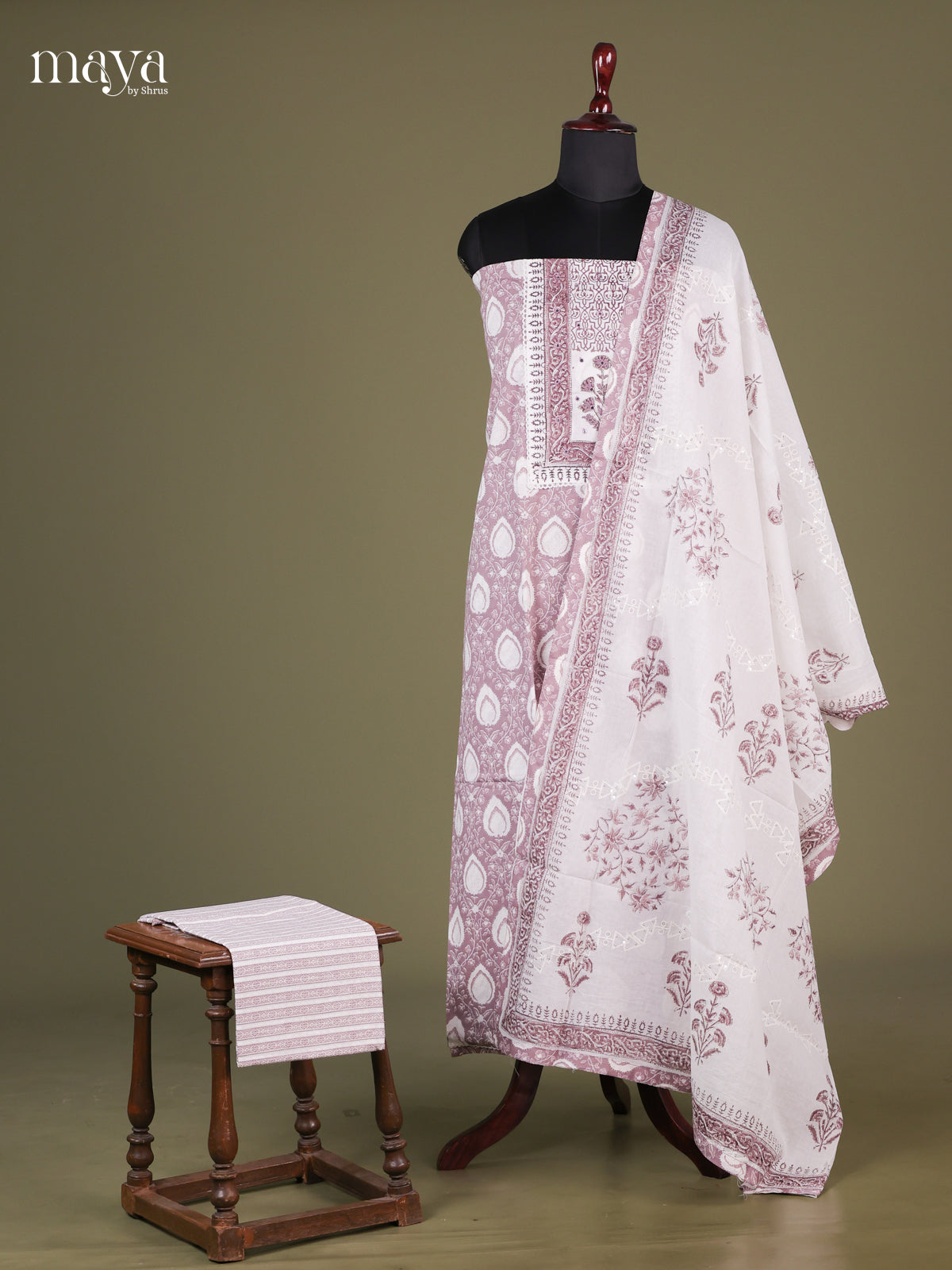 Mauve & White - Cotton salwar Unstitched