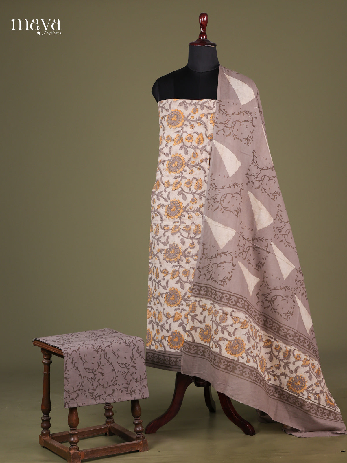 Cream & Grey - Cotton salwar Unstitched