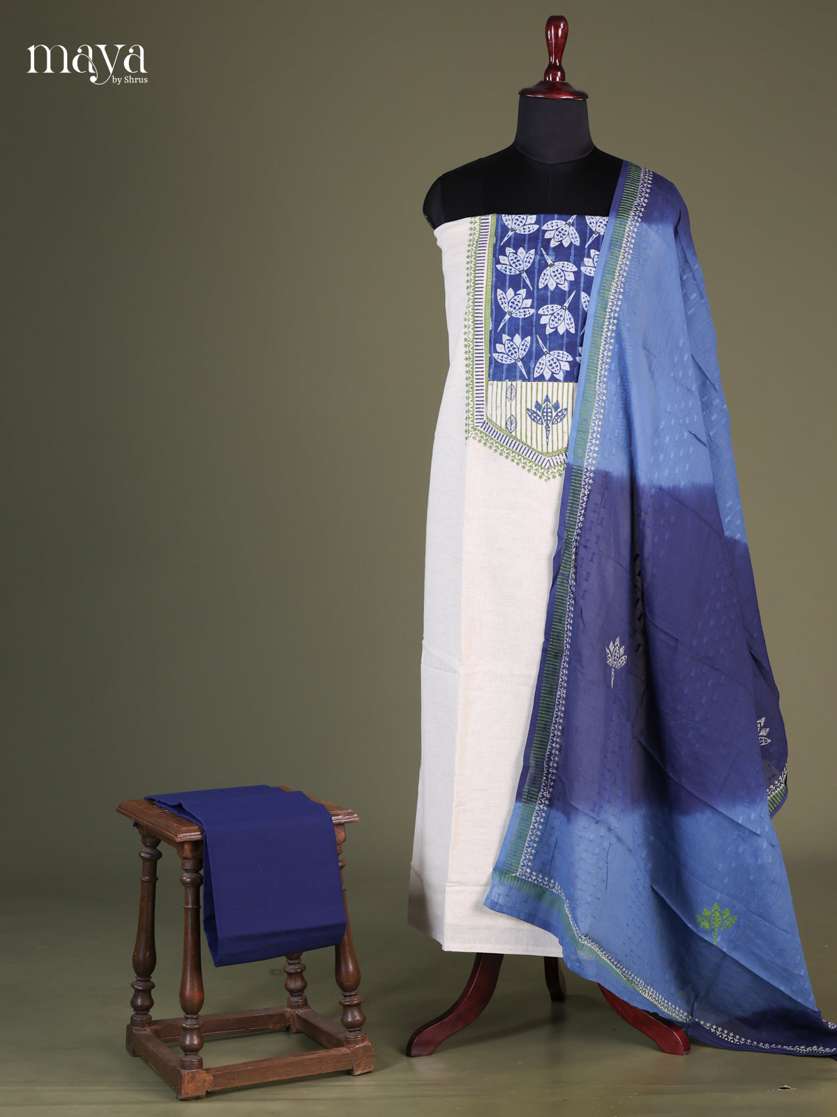 White & Blue - Cotton salwar Unstitched
