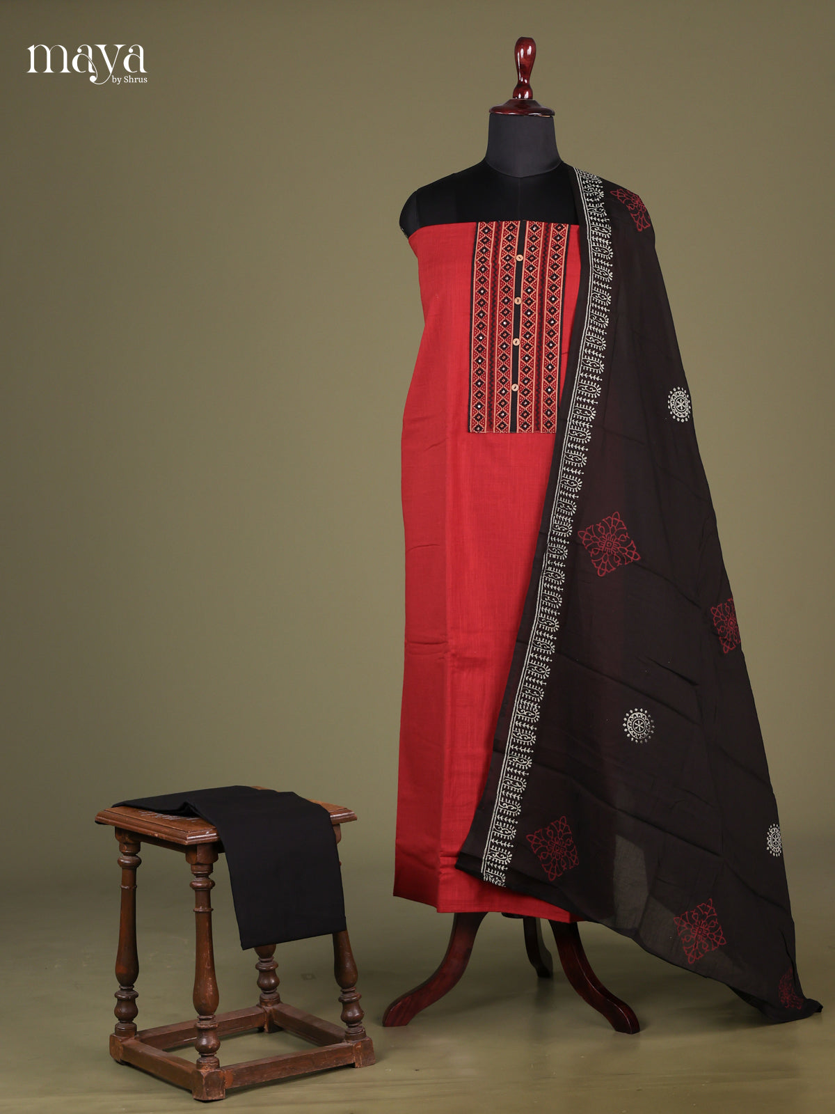 Red & Black - Cotton salwar Unstitched