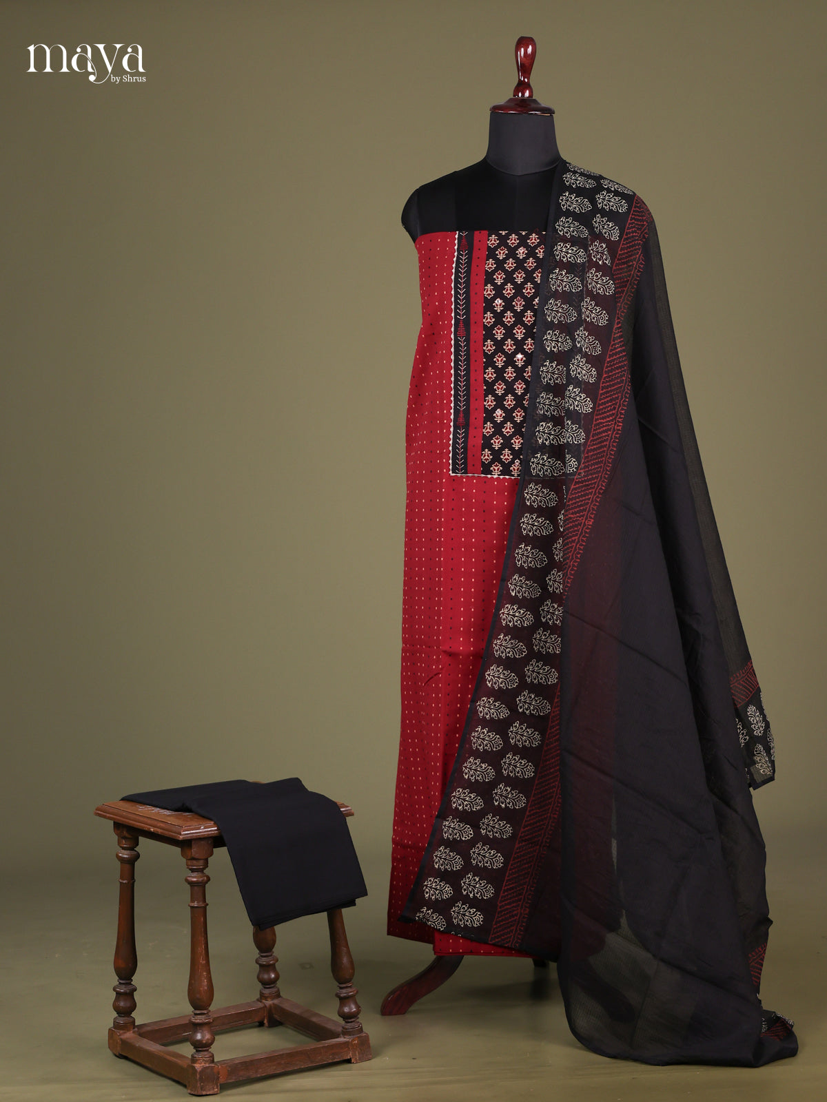 Red & Black - Cotton salwar Unstitched