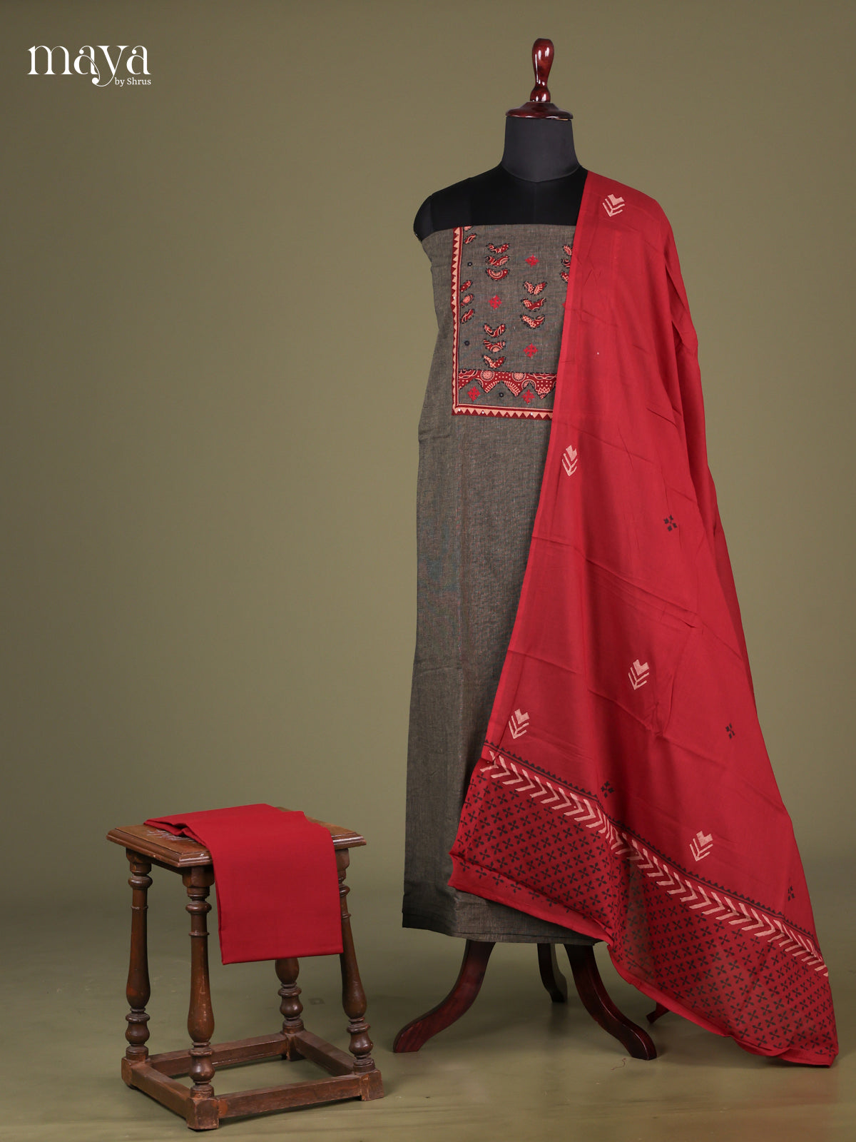 Grey & Red- Cotton salwar Unstitched
