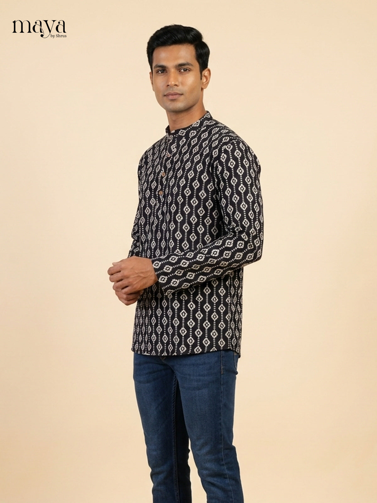 Majestic Black Block Printed Readymade Mens Kurta