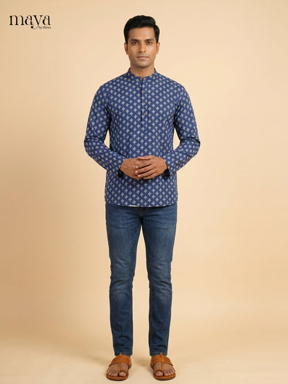 Vibrant Blue Block Printed Readymade Mens Kurta