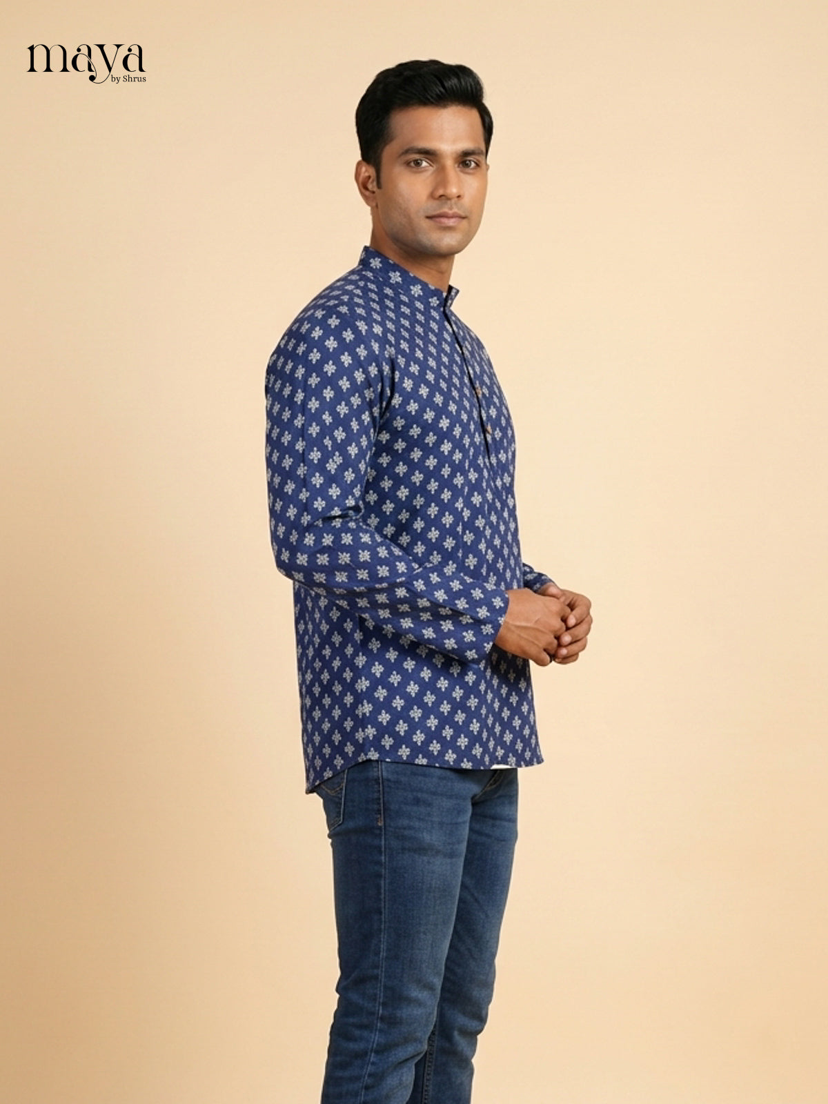 Vibrant Blue Block Printed Readymade Mens Kurta