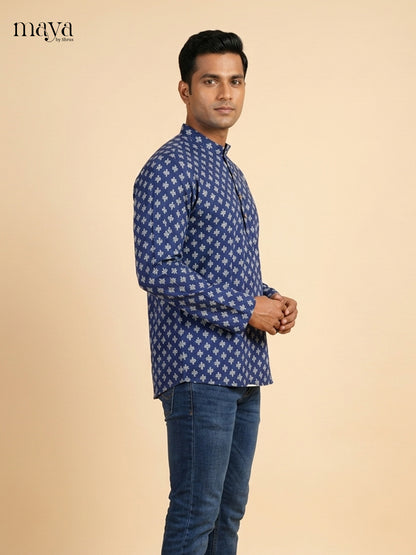Vibrant Blue Block Printed Readymade Mens Kurta