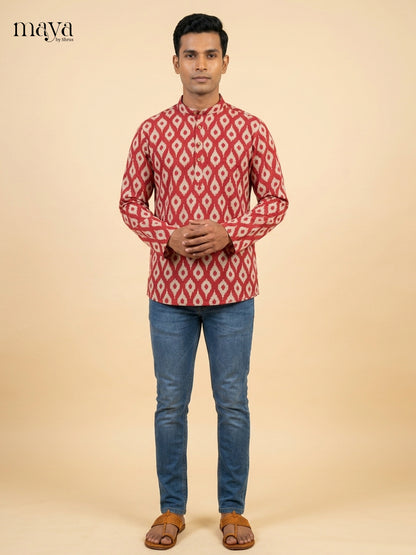 Classy Red Block Printed Readymade Mens Kurta