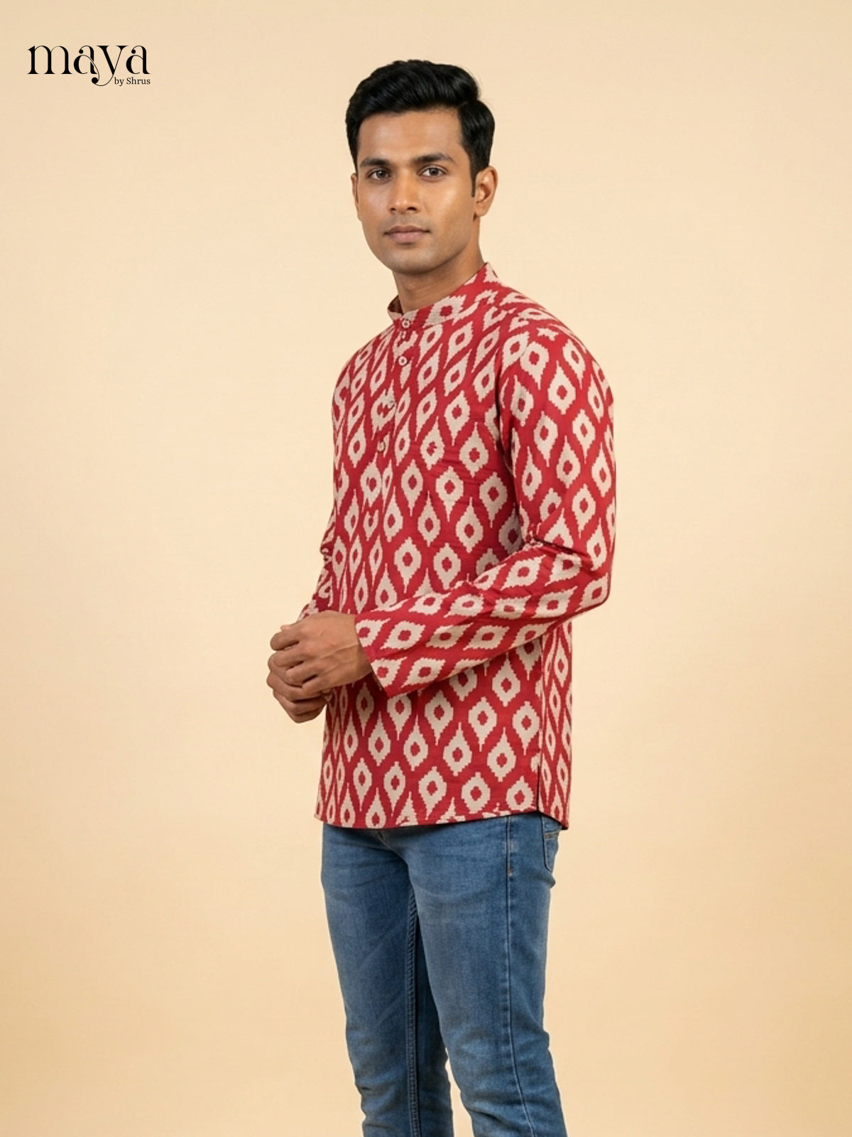 Classy Red Block Printed Readymade Mens Kurta