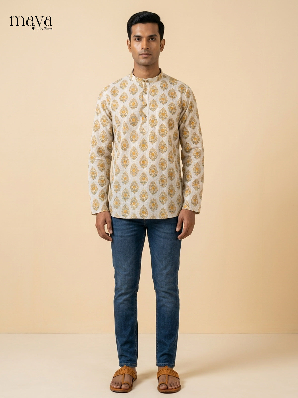 Charming Cream block print Readymade Mens Kurta