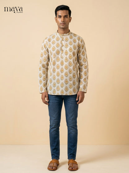 Charming Cream block print Readymade Mens Kurta
