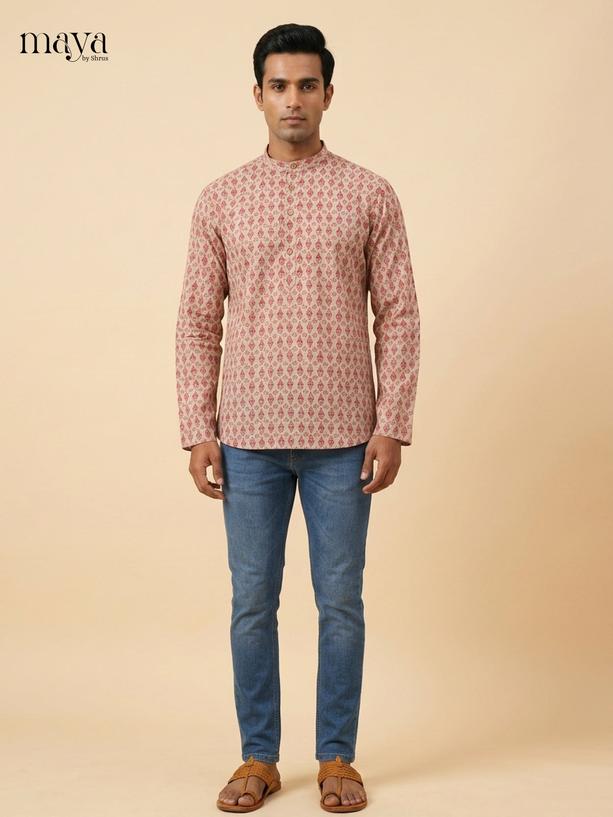 Charming Cream & Pink block printed  Readymade Mens Kurta