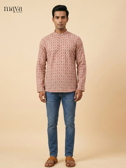 Charming Cream & Pink block printed  Readymade Mens Kurta