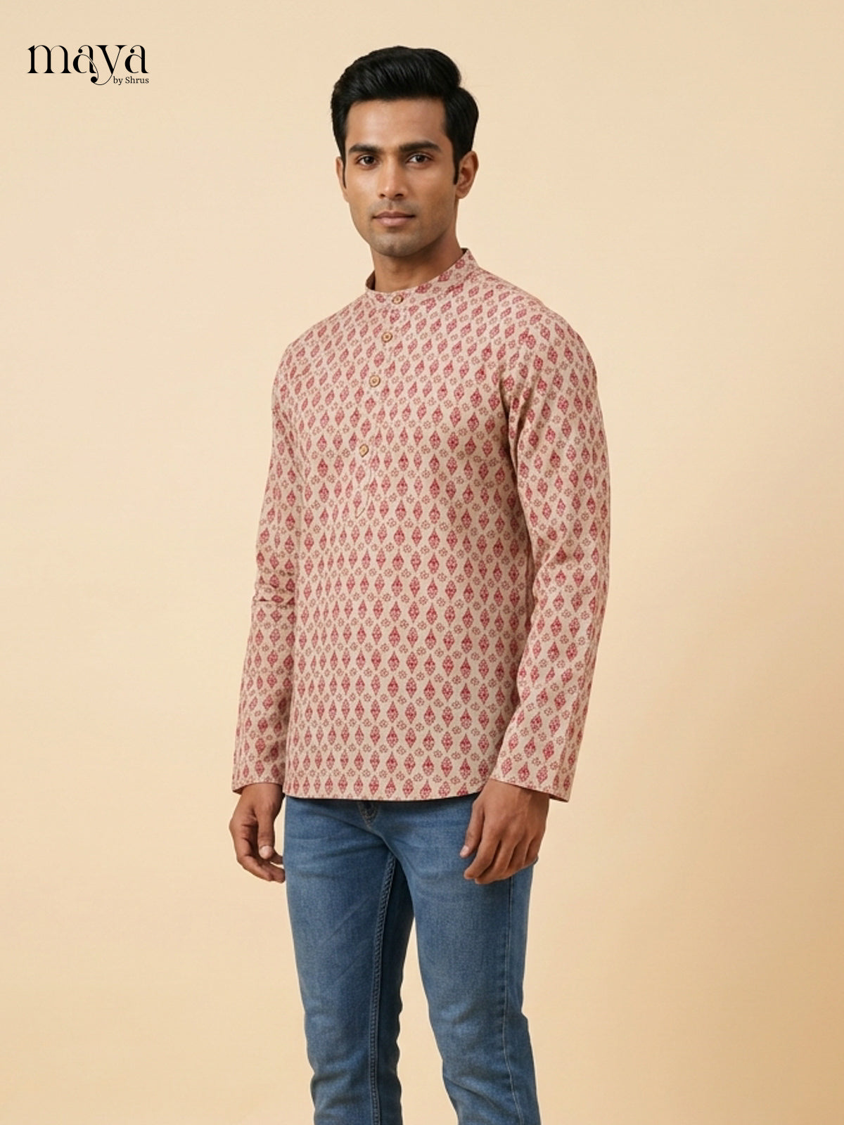 Charming Cream & Pink block printed  Readymade Mens Kurta