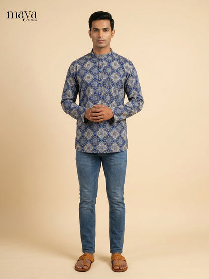 Trendy Blue & Grey Geometric printed Readymade Mens Kurta