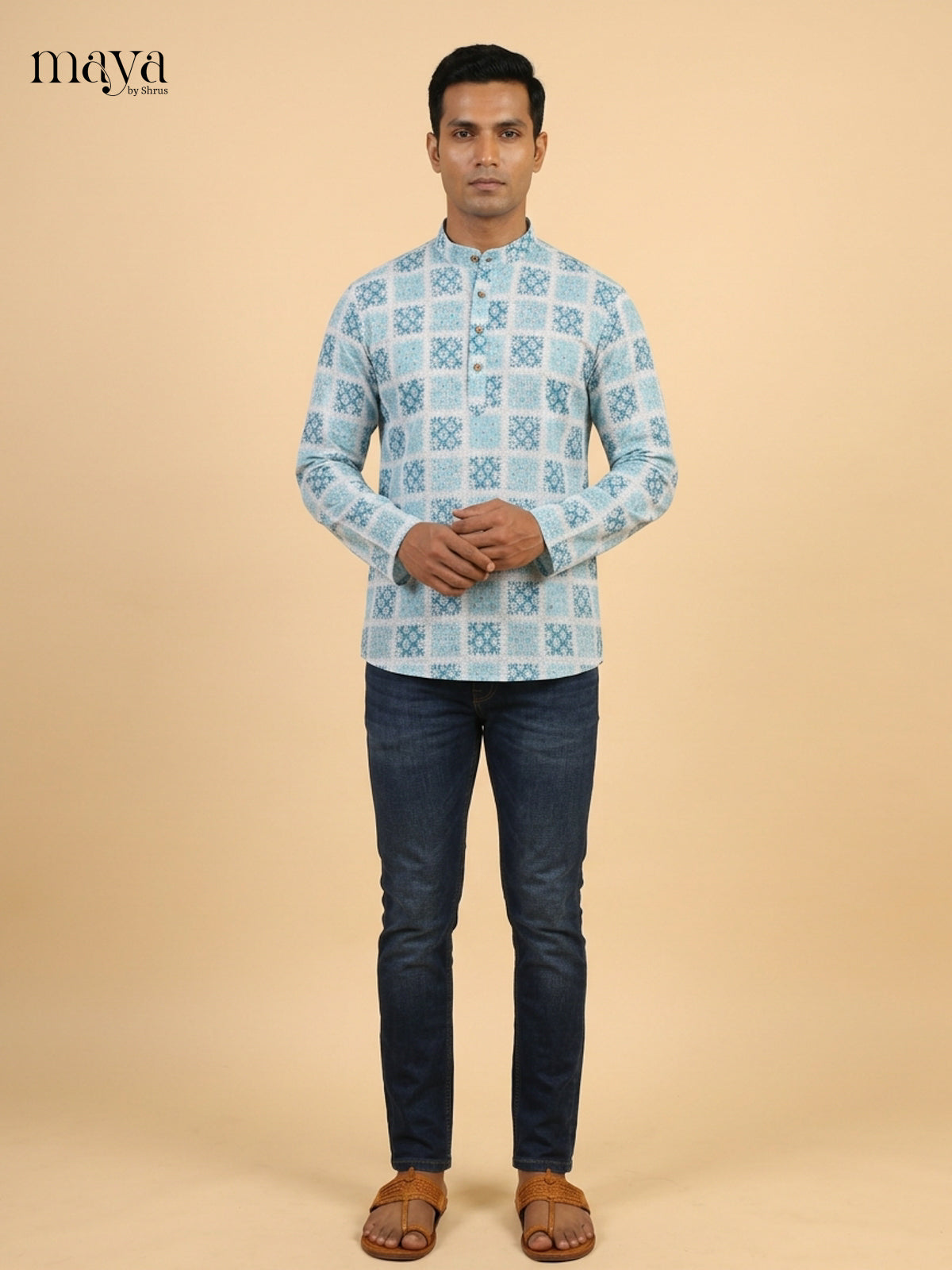Regal White & Blue block printed Readymade Mens Kurta