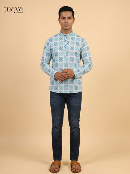 Regal White & Blue block printed Readymade Mens Kurta