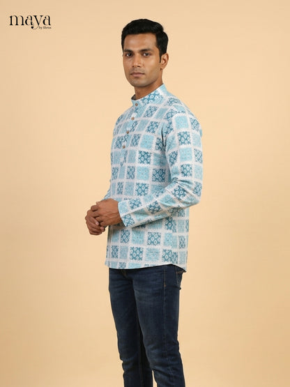 Regal White & Blue block printed Readymade Mens Kurta