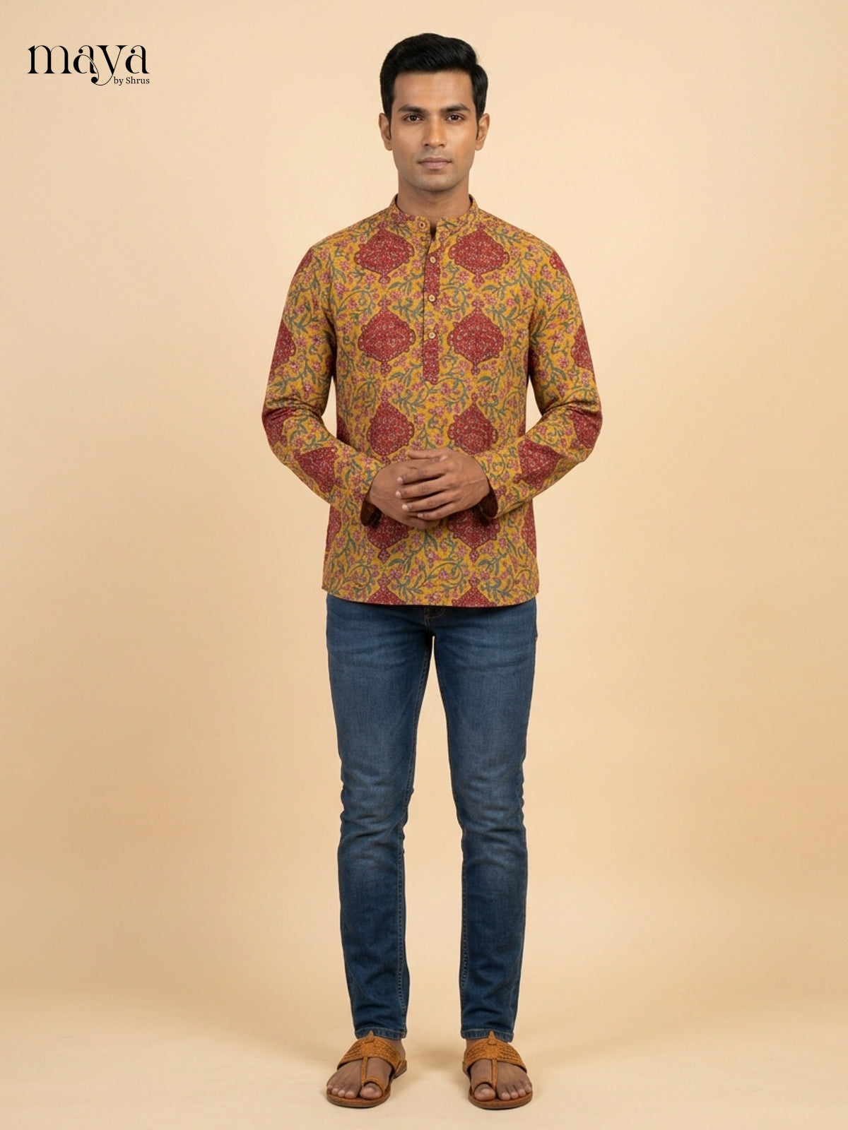 Bright Mustard & Maroon Block Printed Readymade Mens Kurta