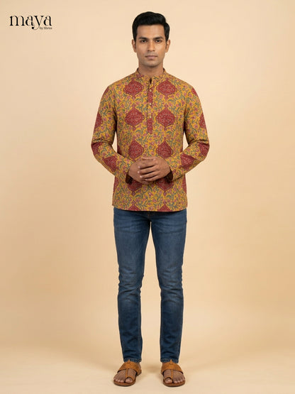 Bright Mustard & Maroon Block Printed Readymade Mens Kurta