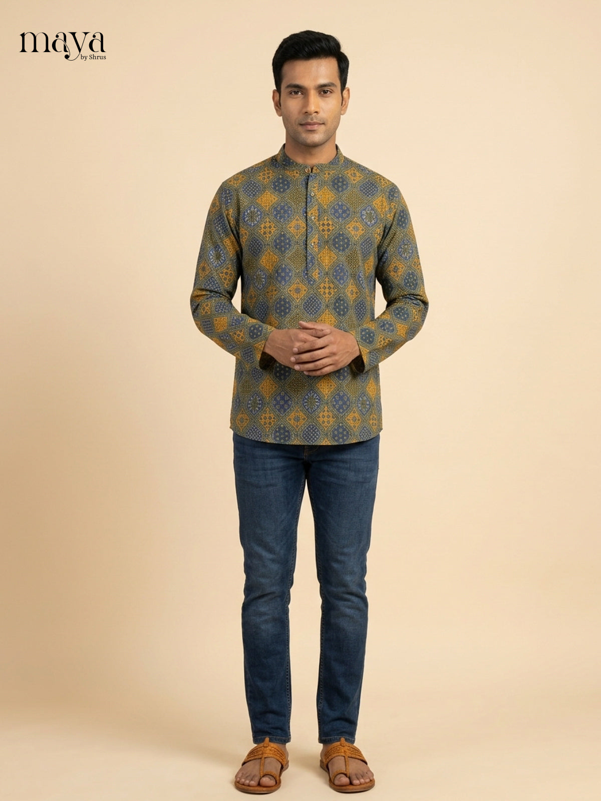 Stunning Grey & Mustard geometric printed Readymade Mens Kurta