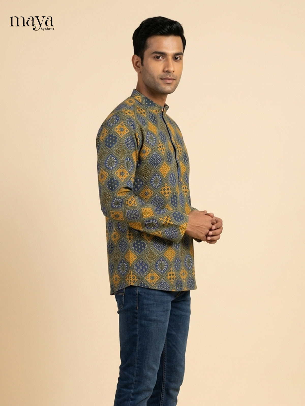 Stunning Grey & Mustard geometric printed Readymade Mens Kurta