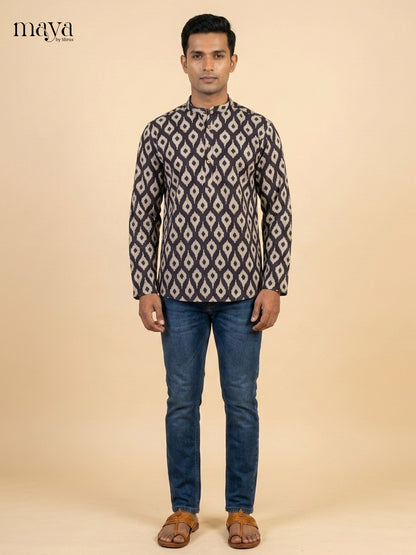 Stylish Black Block Printed Readymade Mens Kurta