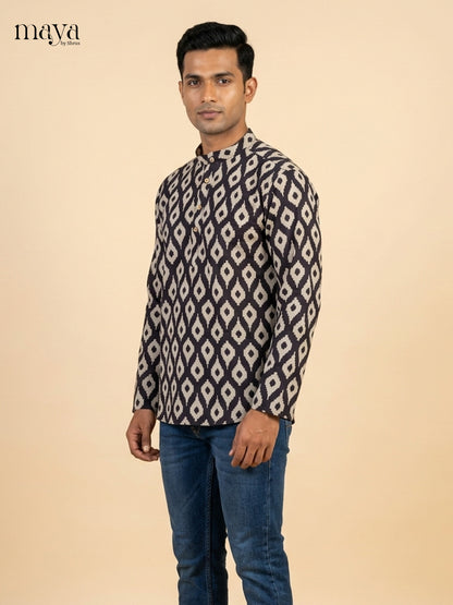 Stylish Black Block Printed Readymade Mens Kurta