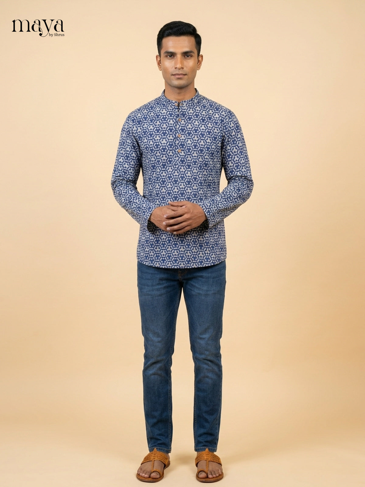 Beautiful Blue Hexagon print Readymade Mens Kurta