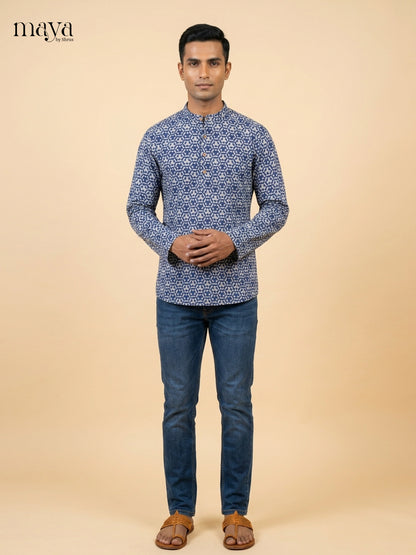 Beautiful Blue Hexagon print Readymade Mens Kurta