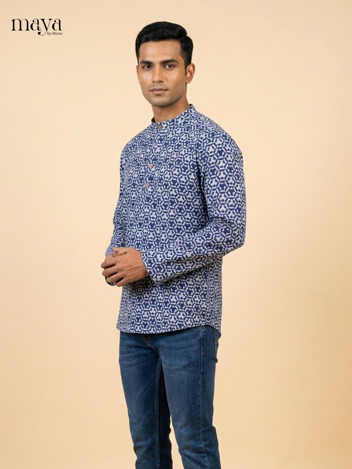 Beautiful Blue Hexagon print Readymade Mens Kurta