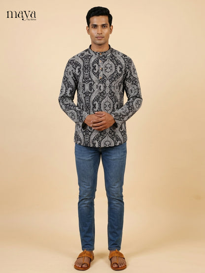 Elegant Black & Grey abstract printed Readymade Mens Kurta
