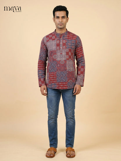 Classy Maroon & Grey block printed  Readymade Mens Kurta