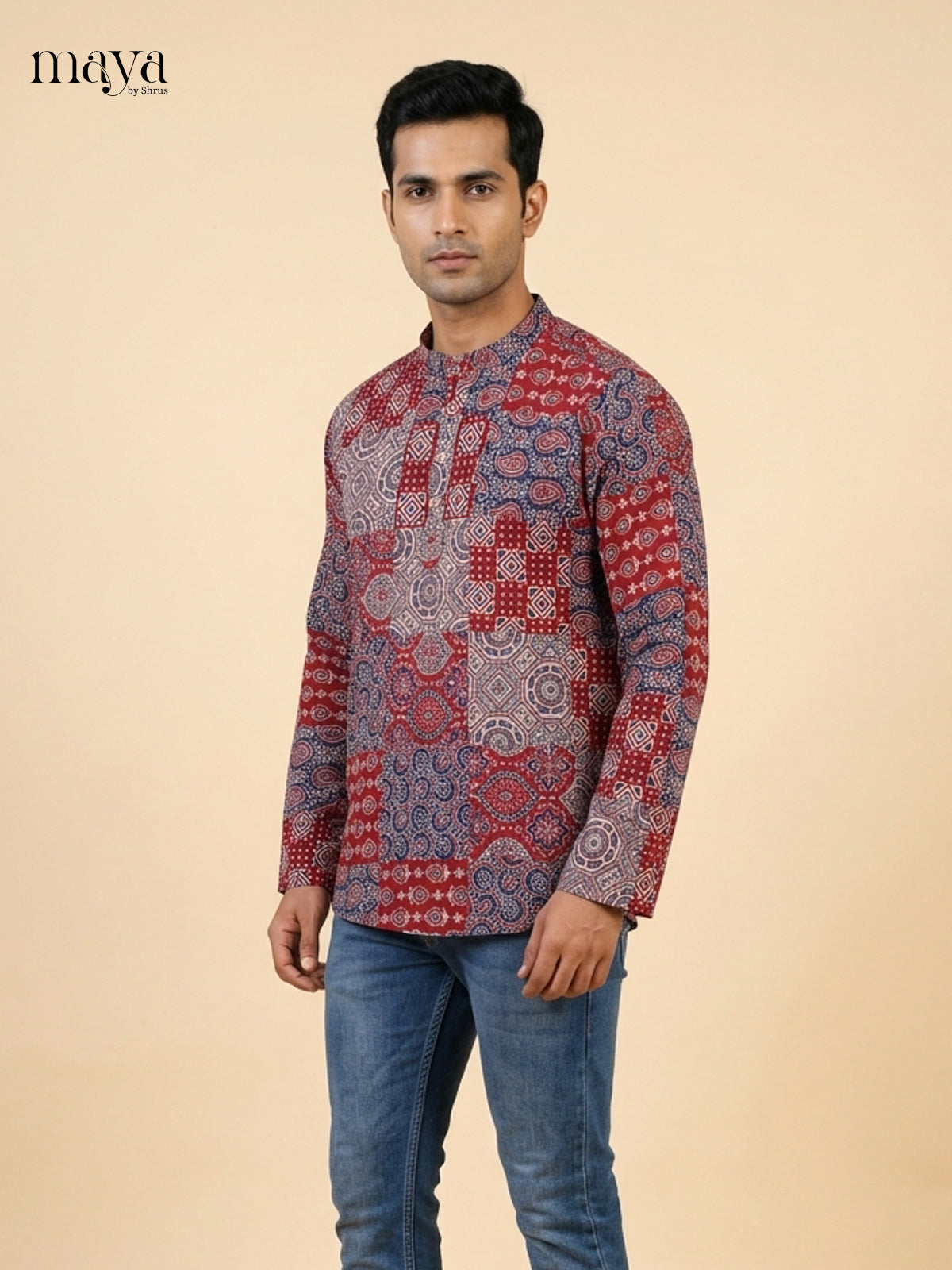 Classy Maroon & Grey block printed  Readymade Mens Kurta