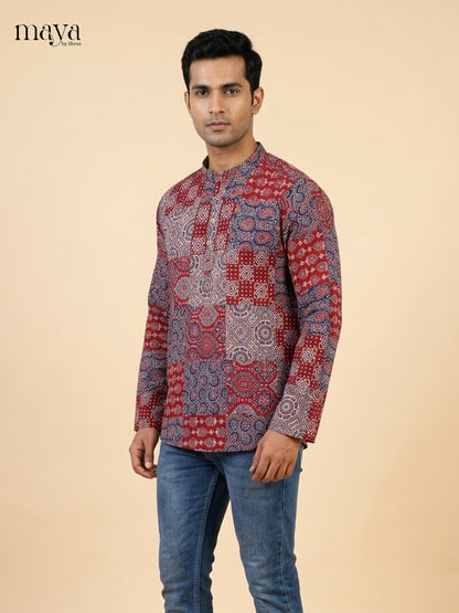 Classy Maroon & Grey block printed  Readymade Mens Kurta