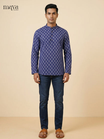 Vibrant Blue Block prints Readymade Mens Kurta