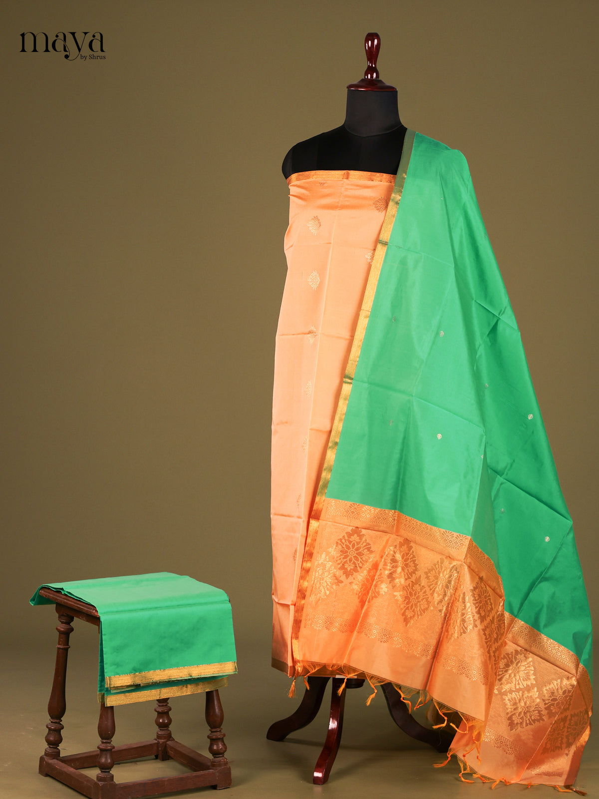 Beautiful Peach semi softsilk salwar unstitch with Green dupatta