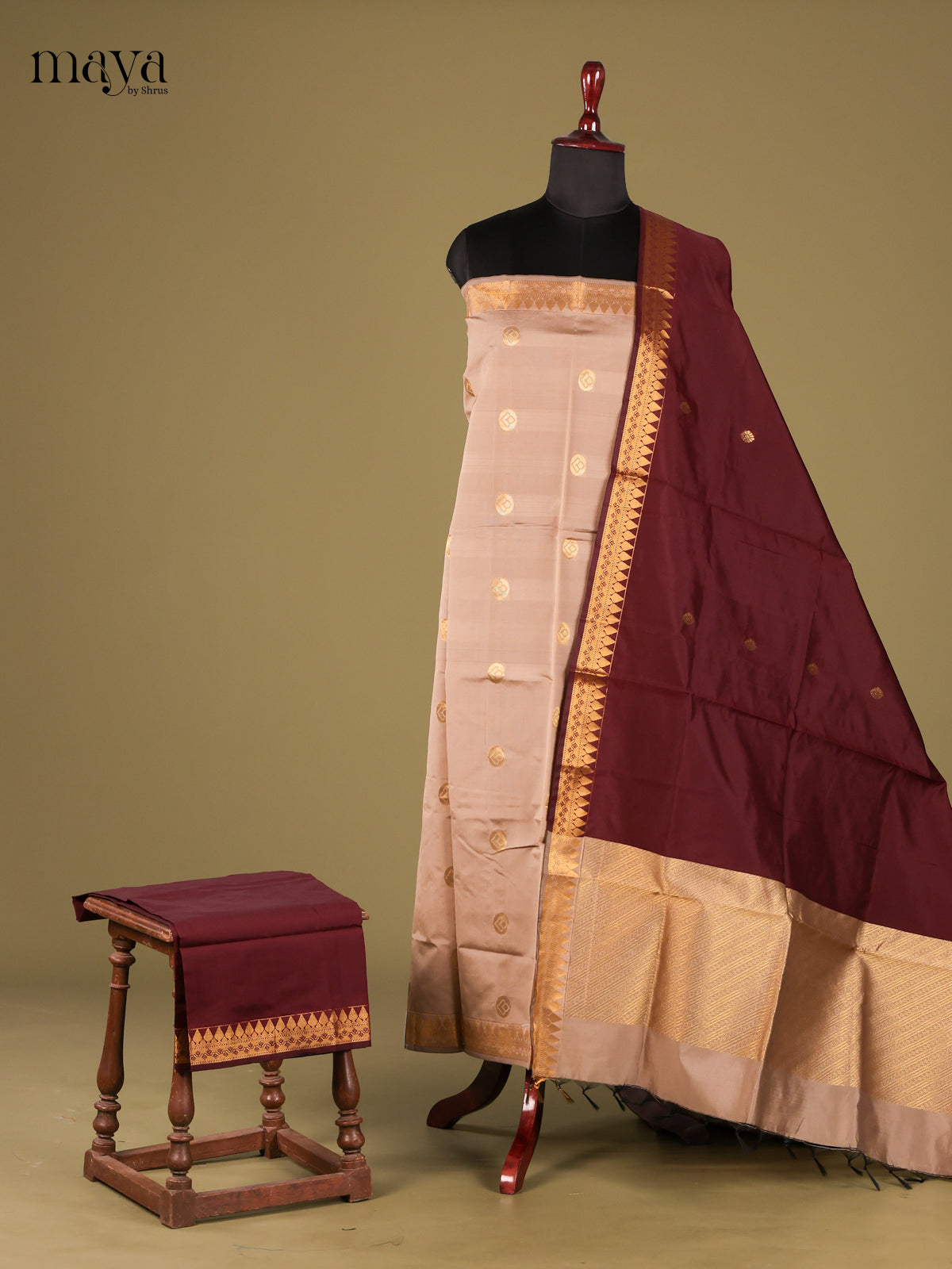 Pretty Grey semi softsilk salwar unstitch with Maroon Dupatta