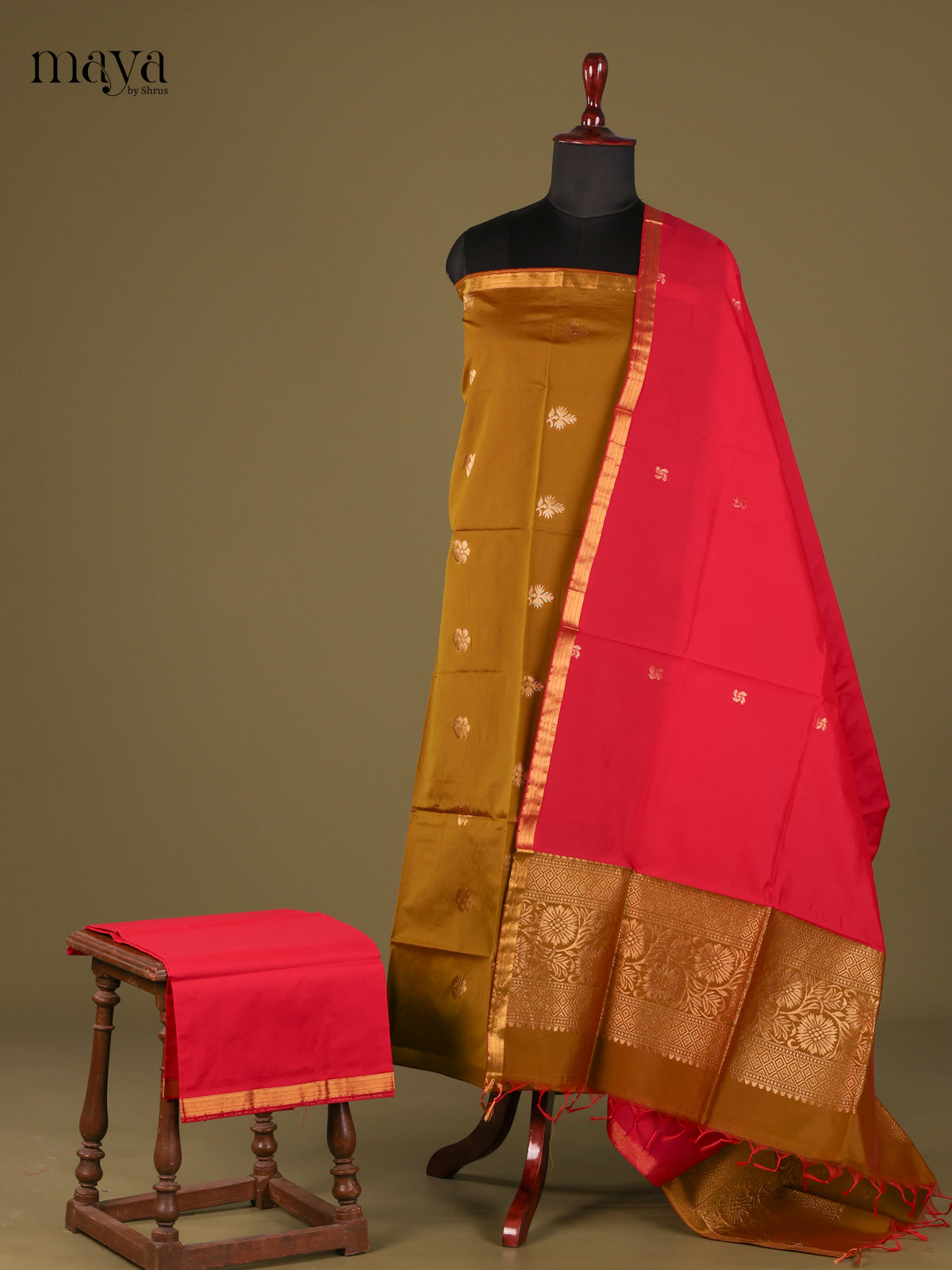 Timeless Mehendi semi softsilk salwar unstitch with pink dupatta