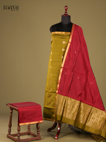 Elegant Green & Maroon semi softsilk salwar Unstitch with Maroon Dupatta