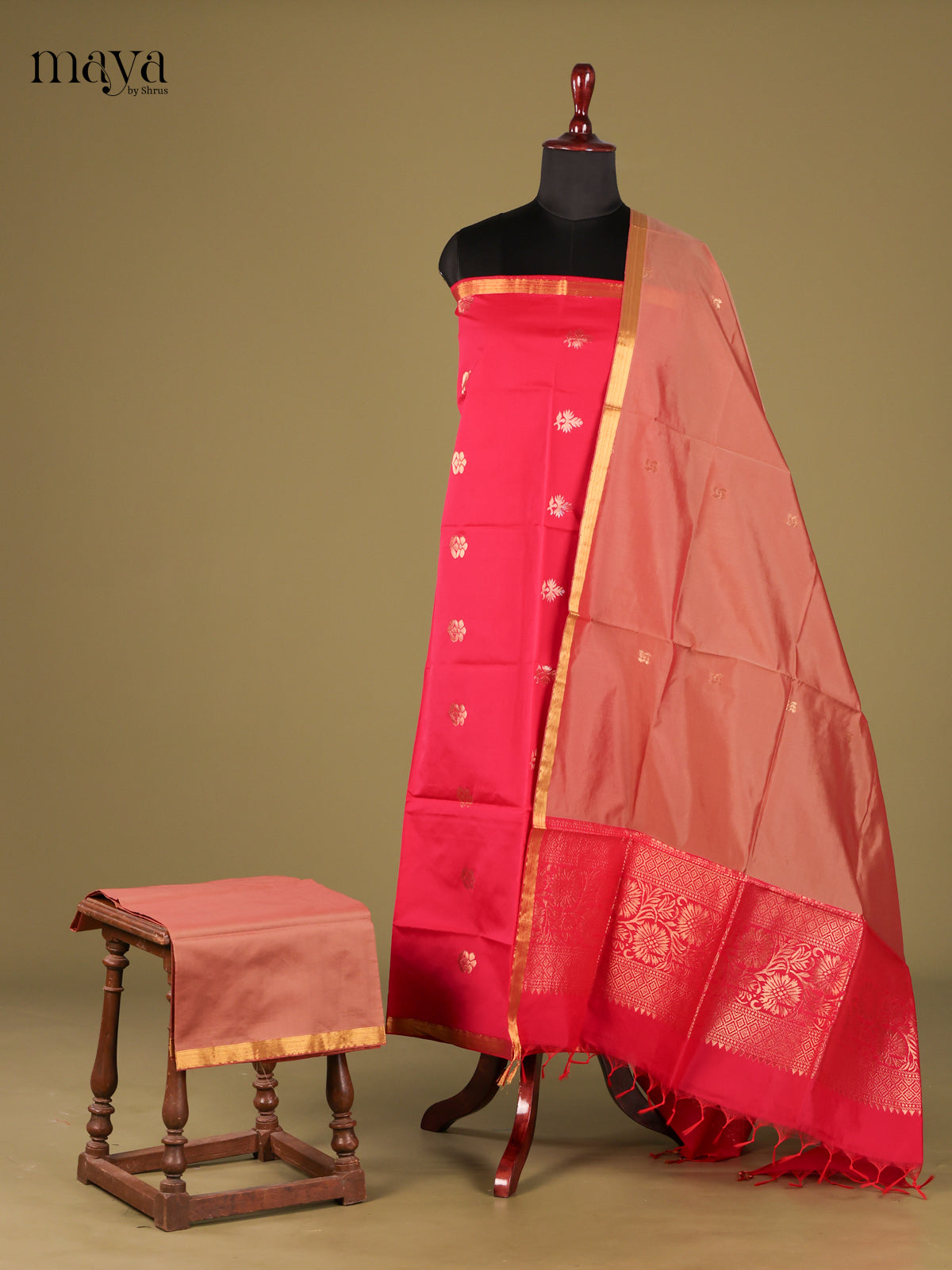 Charming Pink semi softsilk salwar unstitch with Light brown dupatta