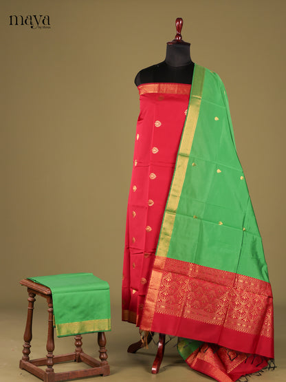 Bright Red semi softsilk salwar unstitch with green dupatta